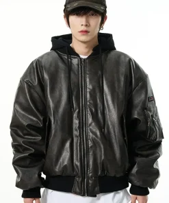 Oversized Black Leather Hooded Bomber Jacket