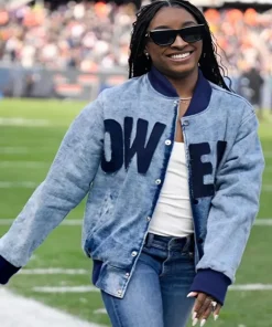 Simone Biles Vikings Vs Bears Game Custom Denim Bomber Jacket